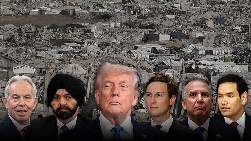 Tony Blair, Ajay Banga, Donald Trump, Jared Kushner, Steve Witkoff (Photo credit: Reuters/Jonathan Ernst; Reuters/Florence Lo; Fabrice Coffrini/AFP; Reuters/Ammar Awad; Reuters/Evelyn Hockstein; Fadel Senna/Pool/AFP; AP Photo/Jehad Alshrafi) דונלנד טראמפ סטיב וויטקוף ג'ארד קושנר טוני בלייר אג'אי באנגה