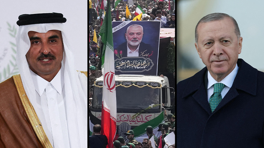 Qatar’s emir Tamim bin Hamad Al Thani, Ismail Haniyeh’s funeral , Erdogan (Photo: AFP/ TURKISH PRESIDENTIAL PRESS SERVICE / AP /Vahid Salemi, Suzanne Plunkett/ Reuters) ארדואן הלווית איסמעיל הנייה אמיר קטאר תמים בן חמד אל ת'אני