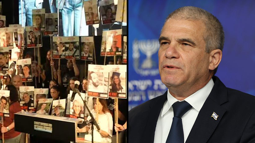 Gal Hirsch, activity at Hostages Square in Tel Aviv (Photos: Noam Rivkin Fenton; Headquarters of the Hostages and Missing Families Forum) נינט שרה בעצרת, כשברקע עומדים שורדי שבי