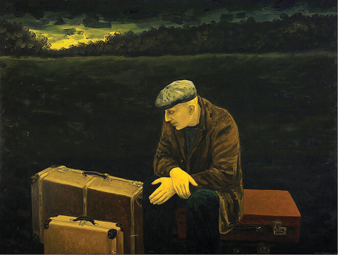 איש עם כובע ומזוודה. ציור מאת מאיר פיצ'חדזה