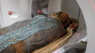 המומיה של כוהן הדת המצרי נס-מין לפני כניסתה לסריקת CT