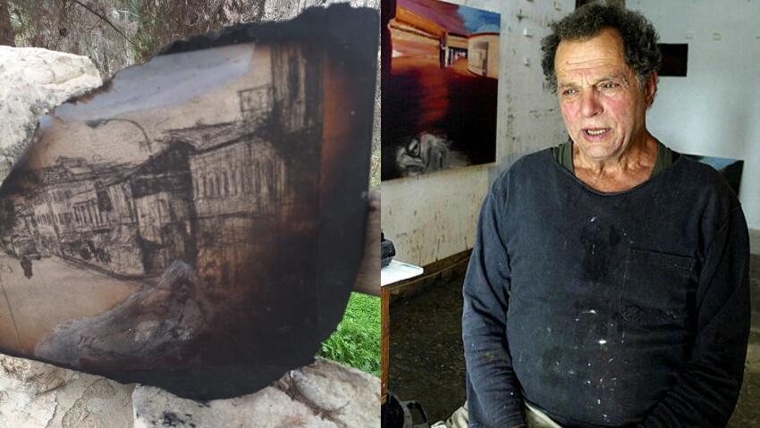 Ivan Schwebel and one of the paintings destroyed in the fire (Photo: Sebastian Schiefner, Courtesy) איוון שוובל ואחד הציורים השרופים