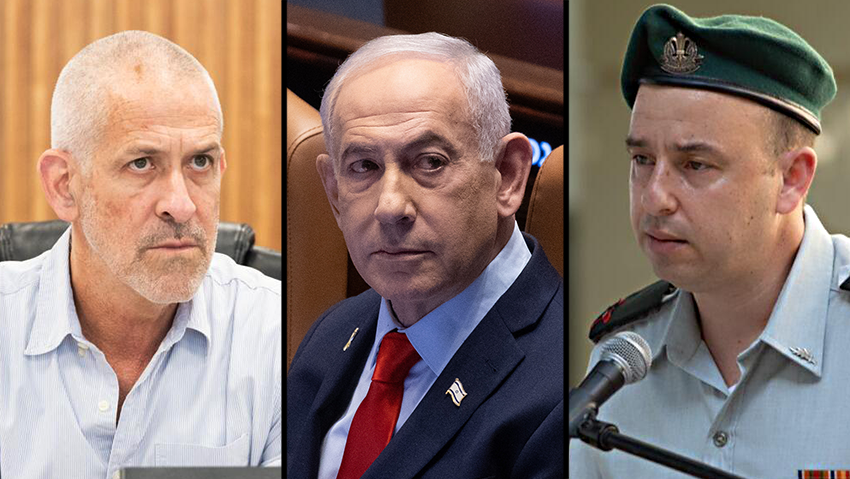 נתניהו מפיץ טענה ל"מרד" - עם האשמת קצין שנפטר. מימין: סער, נתניהו ובר
(צילום: אלכס קולומויסקי, דובר צה"ל) עמית סער בנימין נתניהו רונן בר