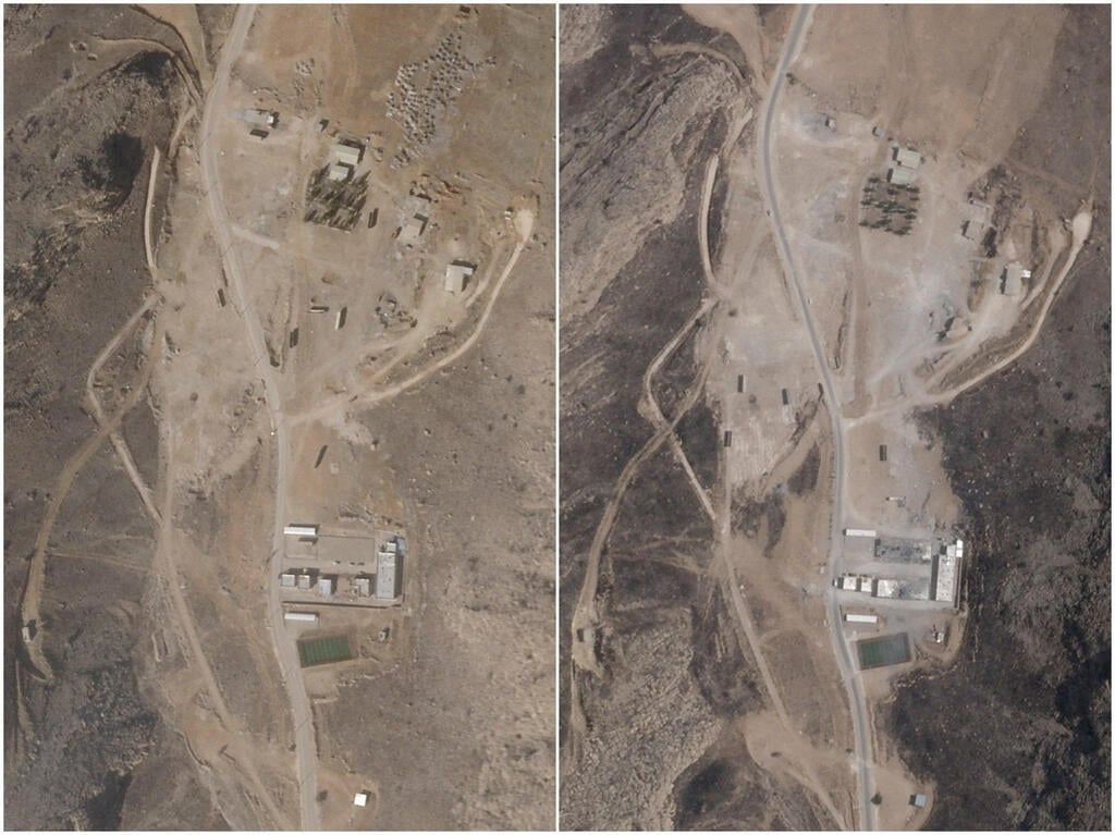 A combination picture of satellite images shows Shiraz South Missile Base in Shiraz South, Iran, before reconstruction, July 3, 2025 (right), and after reconstruction and clearance efforts, January 30, 2026 (left) 