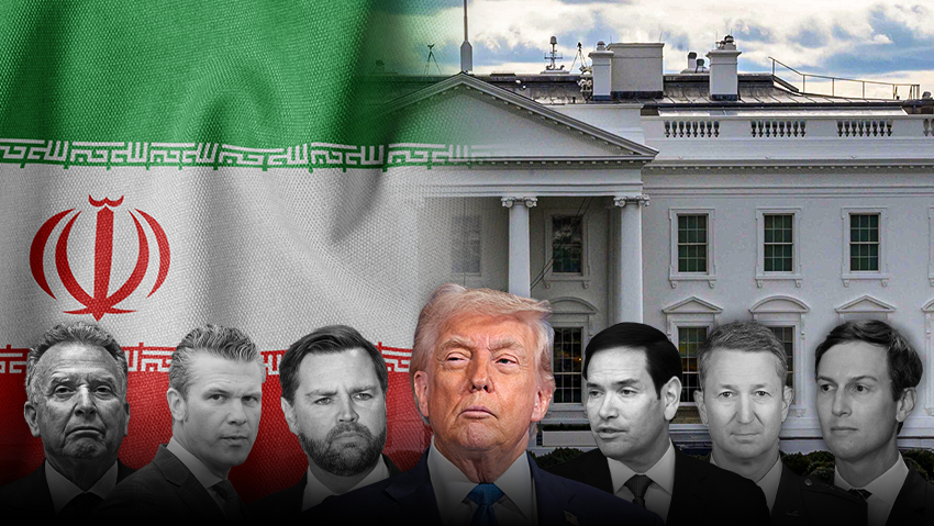 Trump’s inner circle divided (Photo: US Air Force via AP; Stringer, Getty Images; Fadel Senna, AFP; Loic Venance, AFP; Jonathan Ernst, Reuters; Brendan Smialowski, AFP; Fadel Senna, AFP Pool; Ammar Awad, Reuters; Evelyn Hockstein, Reuters) ביג טראמפ סטיב וויטקוף ג'ארד קושנר ג'יי די ואנס דן קיין מרקו רוביו פיט הגסת' חמינאי, דגל איראן הבית הלבן
