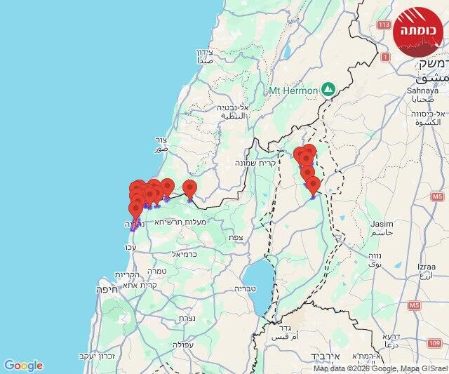 מפת האזעקות בגליל ובגולן (צילום: מתוך כומתה) מפת האזעקות בגליל ובגולן בעקבות חשש לחדירת כטב"ם