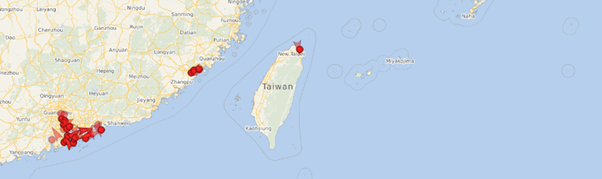 לא נראות ספינות צבאיות סיניות בקרבת טאיוואן (מקור: ship-tracker.org) לא נראות ספינות צבאיות סיניות בקרבת טאיוואן