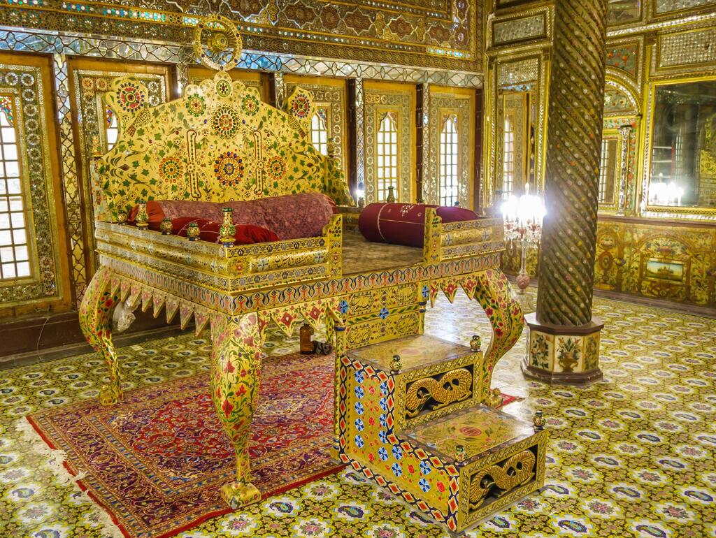 Shah's historic Sun Throne in the Hall of Mirrors at Golestan Palace 