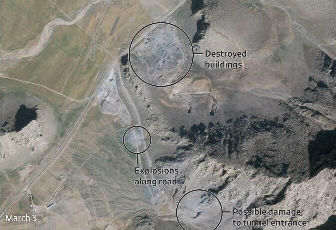 Satellite photo of underground missile base in Kermanshah: destroyed buildings, signs of explosions, and possibly damage to site entrance (Photo: PLANET/Wall street Journal) איראן בסיס טילים תת קרקעי ב כרמנשאה צילומי לוויין של סימני הפצצה