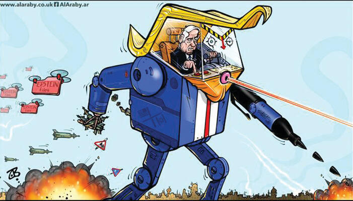 המסר בקריקטורות שפורסמו השבוע בעיתון "אל־ערבי אלג'דיד", שיוצא בבריטניה במימון קטאר: נתניהו דחף את טראמפ למלחמה
