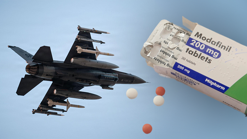 Modafinil, a wakefulness-promoting drug, and a U.S. Air Force F-15 fighter jet (Photo: Shutterstock, AFP / US AIR FORCE / US CENTRAL COMMAND PUBLIC AFFAIRS) תרופה מודפיניל (Modafinil) שמעודדת ערנות ומטוס קרב אמריקני