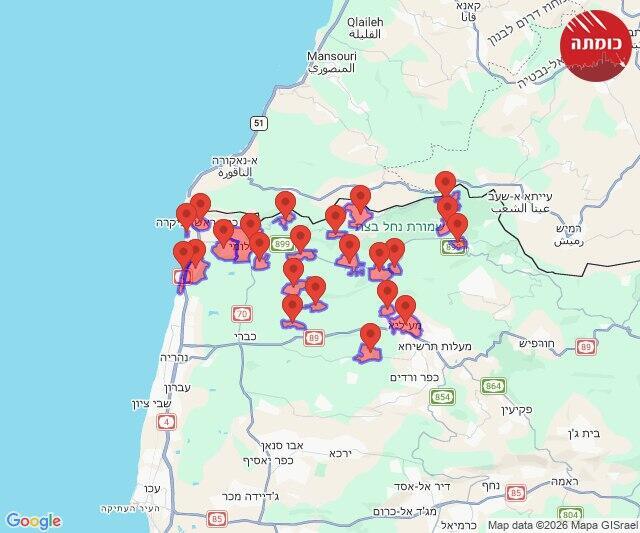 מפת האזעקות בגליל המערבי (צילום: כומתה) מפת אזעקות