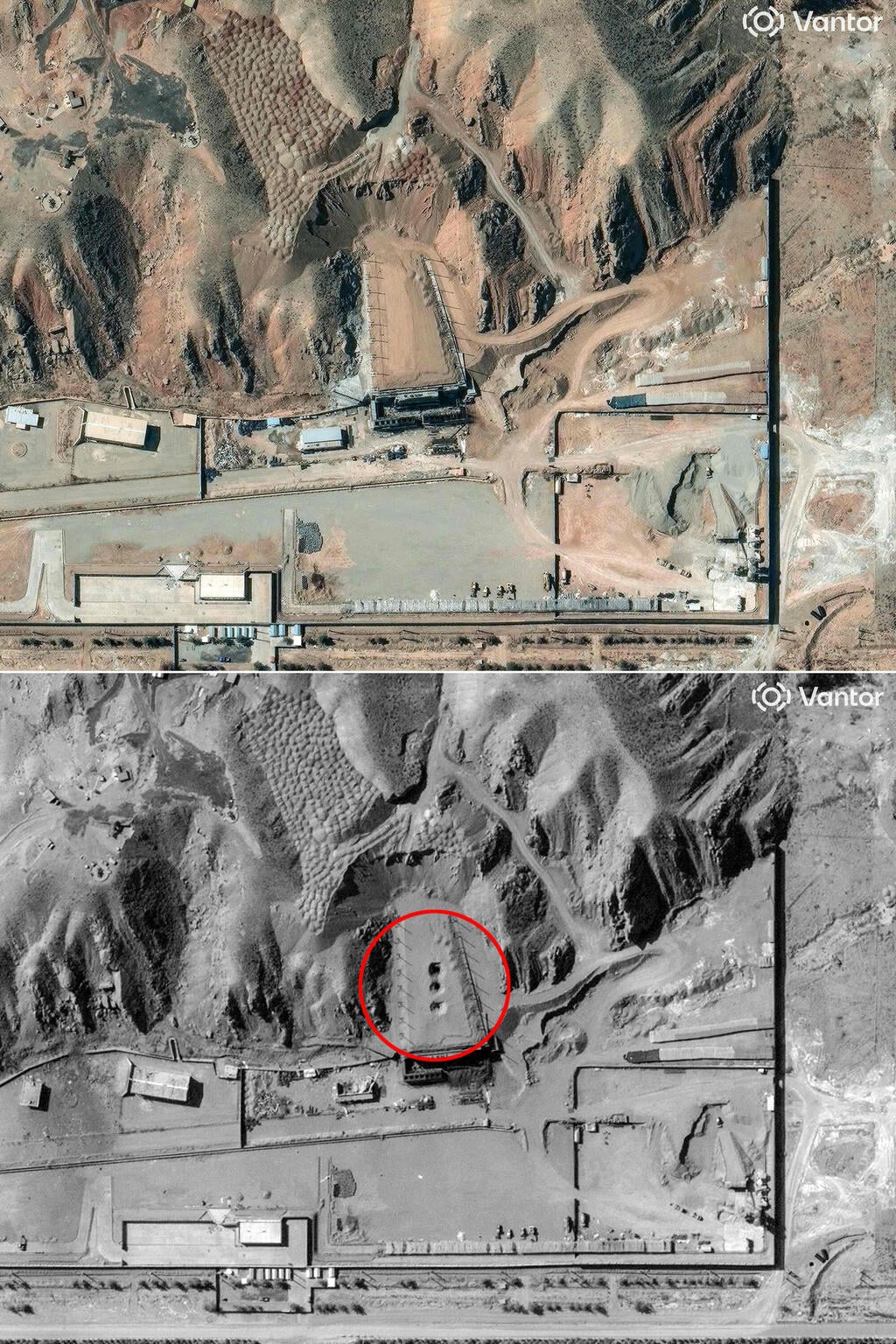 צילום: AFP PHOTO / Satellite image ©2026 Vantor תמונות לווין שמציגות את ההרס במתקן טלקאן באיראן