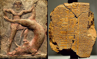 תבליט מסופוטמי עתיק (כ־ 2250 – 1900 לפנה"ס) המציג את גילגמש הורג את שור השמיים. מימין, האפיזודה המתוארת בלוח השישי של אפוס גילגמש
