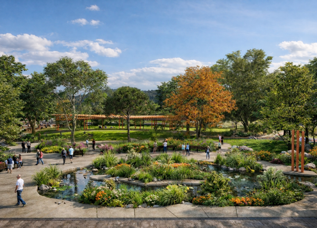 Entrance to the ‘Orange Garden’ in Migdal HaEmek in memory of the Bibas family (Virtualization: Izy Blank Landscape Architects) כניסת "הגן הכתום" במגדל העמק לזכרם של בני משפחת ביבס