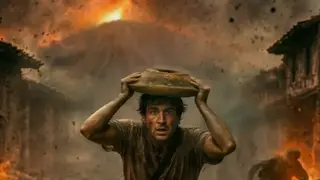 ההדמיה שנוצרה באמצעות בינה מלאכותי, בה ניתן לראות את תושב העיר פומפיי נס על נפשו, כשברקע הר הגעש וזוב המתפרץ