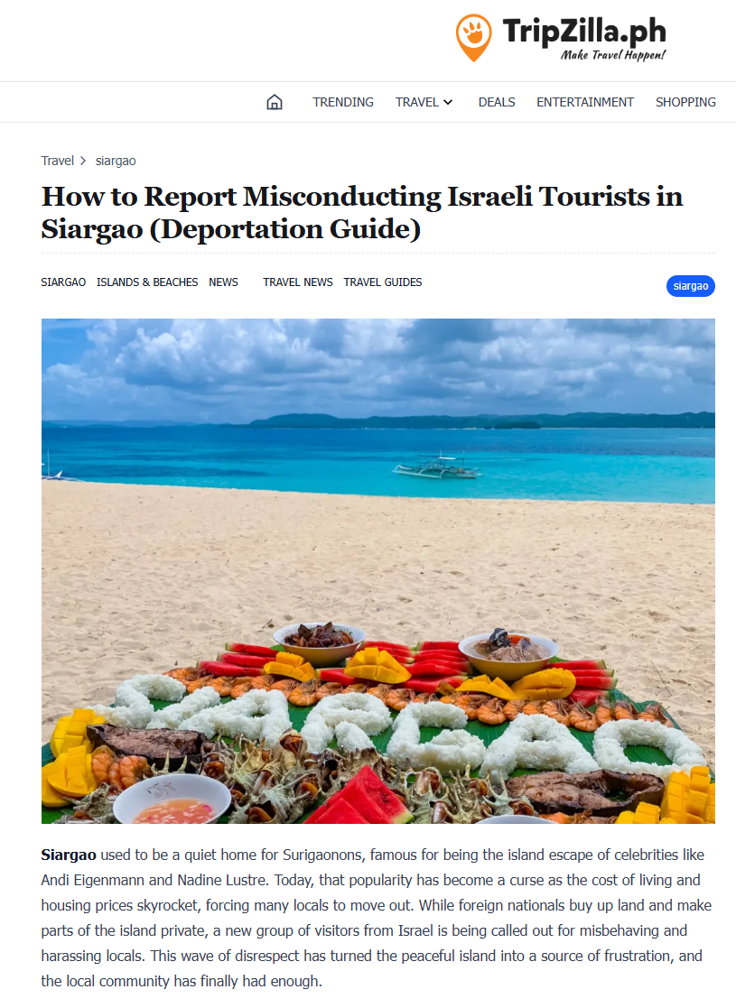 אתר התיירות הפיליפיני TripZilla מסביר לגולשיו כיצד לדווח על תיירים מישראל ולהביא לגירושם מהאי ( צילום מסך: tripzilla.ph) אתר התיירות הפיליפיני TripZilla מסביר לגולשיו כיצד לדווח על תיירים מישראל ולהביא לגירושם מהאי