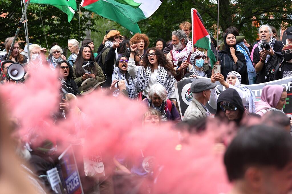 עם דגלי פלסטין: הפגנה מחוץ לבית המשפט בלונדון (צילום: PA) הפגנה פרו-פלסטינית מחוץ לבית המשפט בלונדון שבו נשמע גזר הדין של הפורצים למפעל אלביט