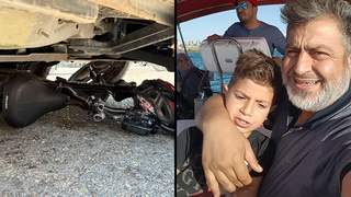 הנער עם אביו (מימין), והאופניים החשמליים מתחת לרכב תאונת האופניים בה נהרג ילד בבאקה אל גרבייה
