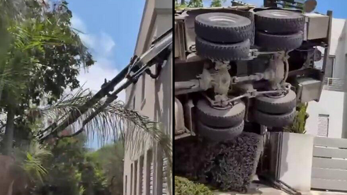 נכנס לתוך הבריכה: מנוף התהפך על וילה בקיסריה | תיעוד