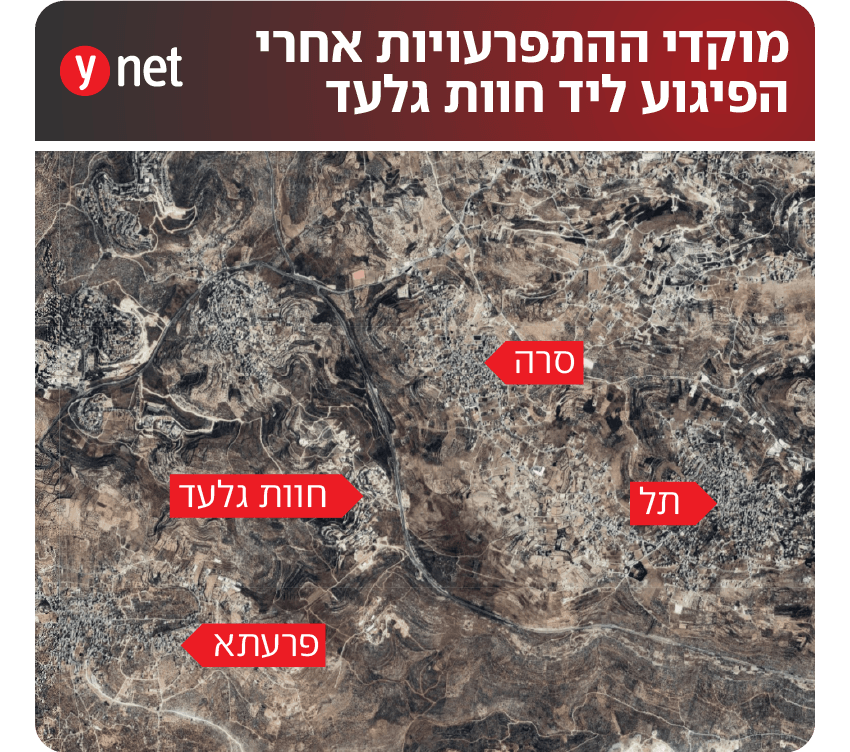 מוקדי ההתפרעויות אחרי הפיגוע ליד חוות גלעד מוקדי ההתפרעויות אחרי הפיגוע ליד חוות גלעד