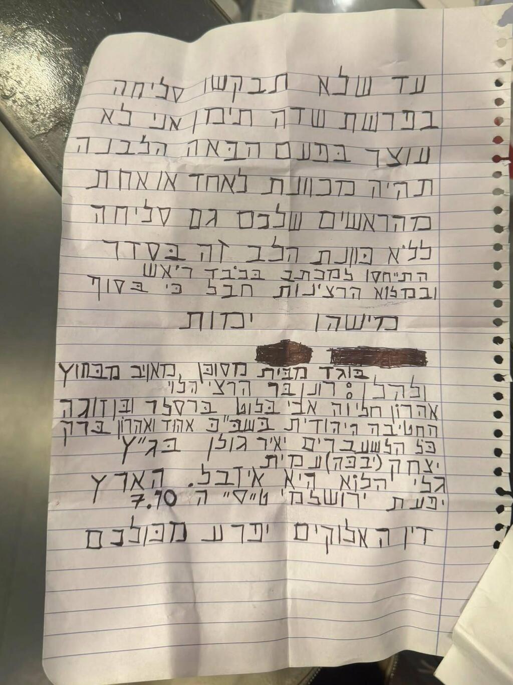 מכתב האיום שנמצא בכניסה למערכת חדשות 12 מכתב האיום שנמצא בכניסה למערכת חדשות 12