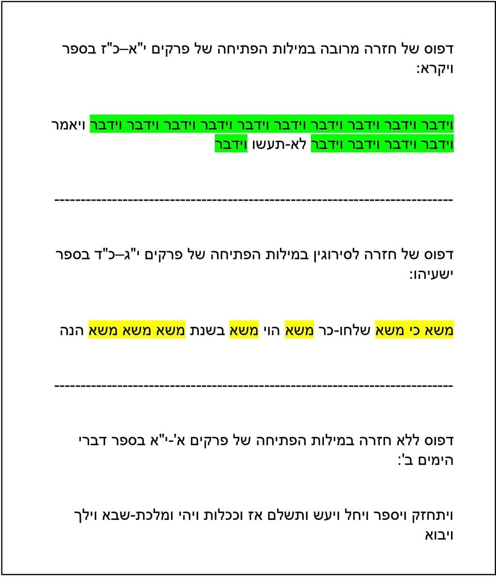 שלוש תבניות סגנוניות החוזרות על עצמן במילות הפתיחה של פרקי המקרא (תרשים: באדיבות ד"ר גיא שקד) שלוש תבניות סגנוניות החוזרות על עצמן במילות הפתיחה של פרקי המקרא