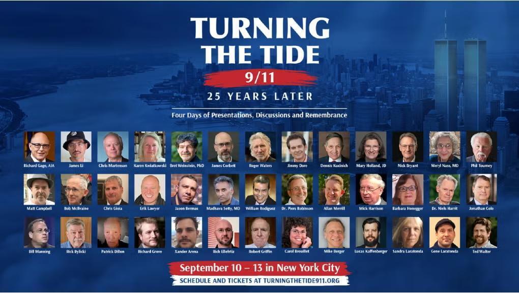 A promotional poster for 'Turning the Tide,' a New York conference featuring speakers who promote conspiracy theories about Israel’s alleged involvement in the Sept. 11 attacks (Photo: ADL) הזמנה לכנס של רוג'רס