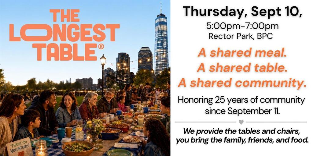 An invitation to Battery Park City’s Longest Table, a communal meal marking 25 years since the Sept. 11 terrorist attacks (Photo: ADL) הזמנה לשולחן ארוך בניו יורק