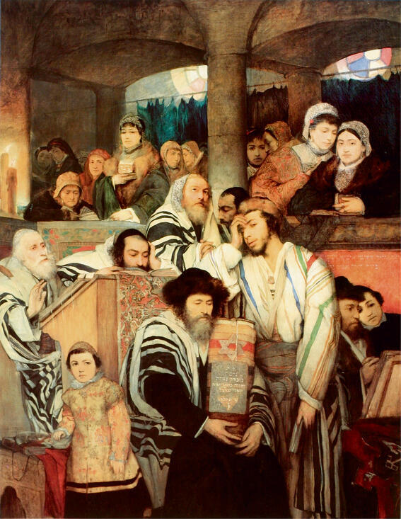 יהודים מתפללים בבית הכנסת ביום הכיפורים | ציור של מאוריצי גוטליב