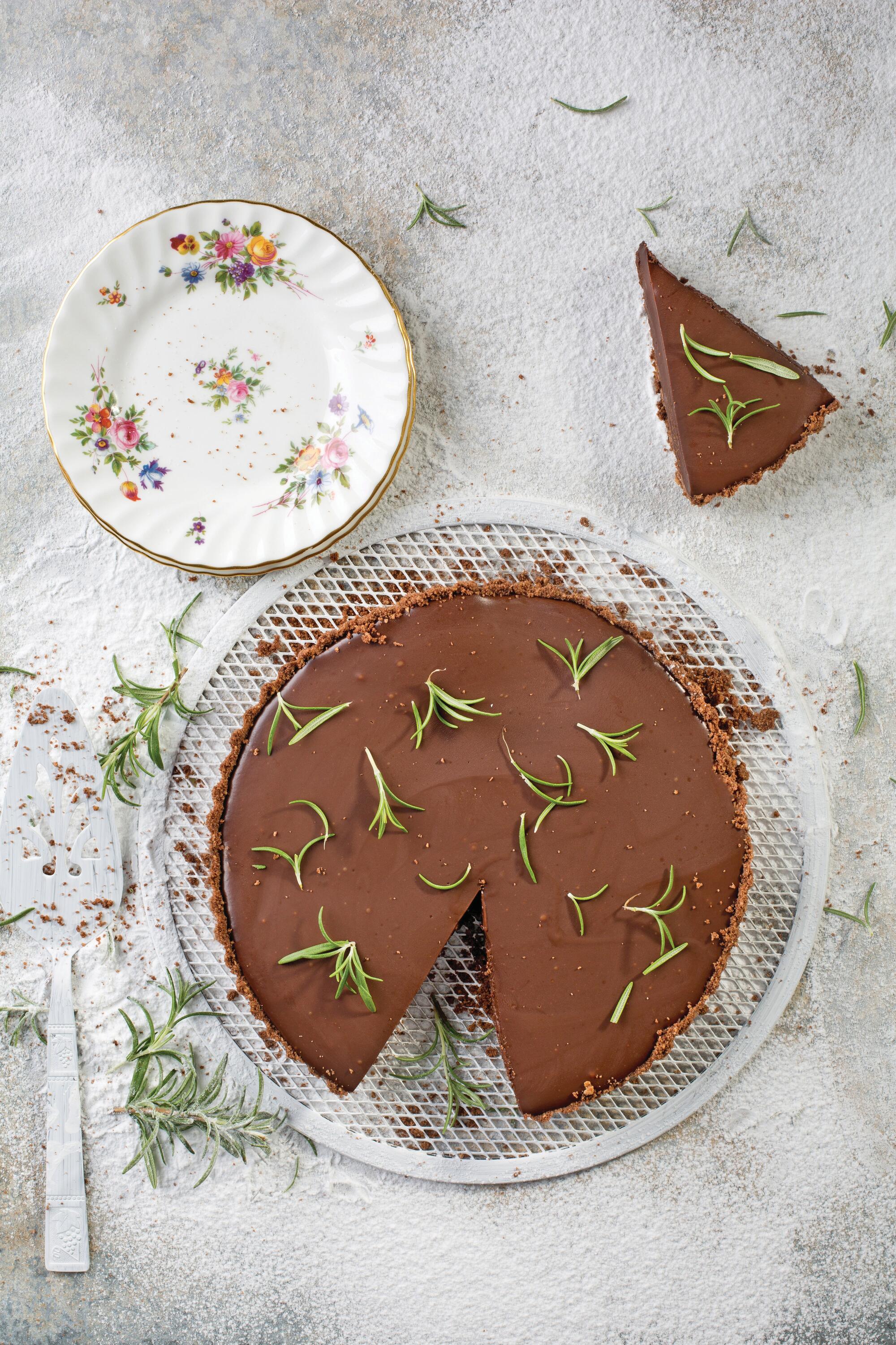Dark chocolate rosemary tart with flaky salt and an olive oil crust